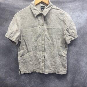 Eileen Fisher Beige 100% Linen Button Up Shirt Short Sleeves Size Small